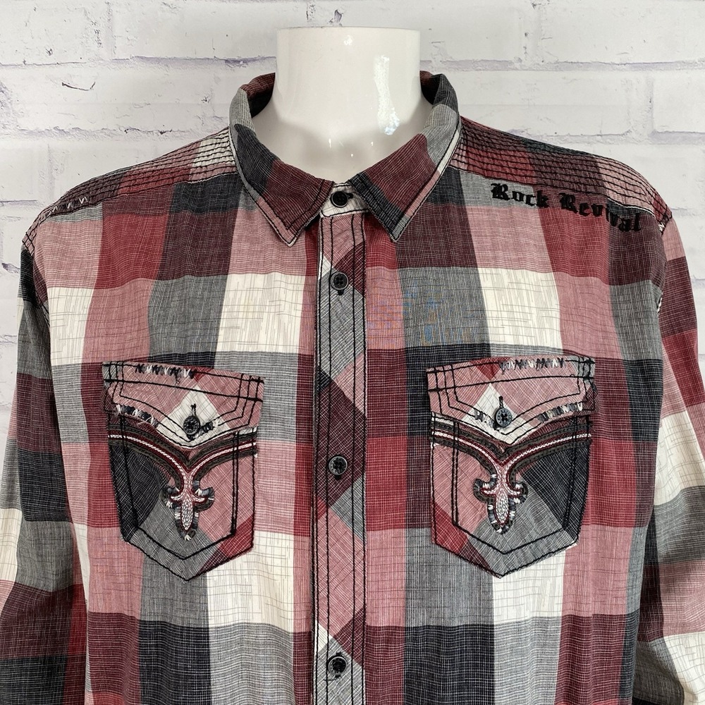 Rock Revival Shirt Men's Size 3XL SLIM Long Sleeve Pearl Snap Plaid Embroidered - Picture 3 of 16